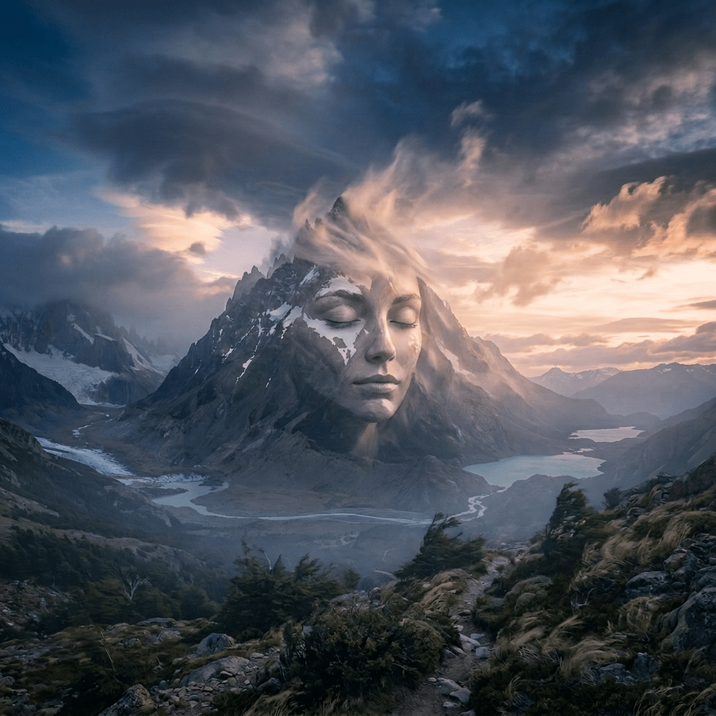 Jagged mountain peak with snow patches surrounded by swirling clouds and turquoise lakes at sunset