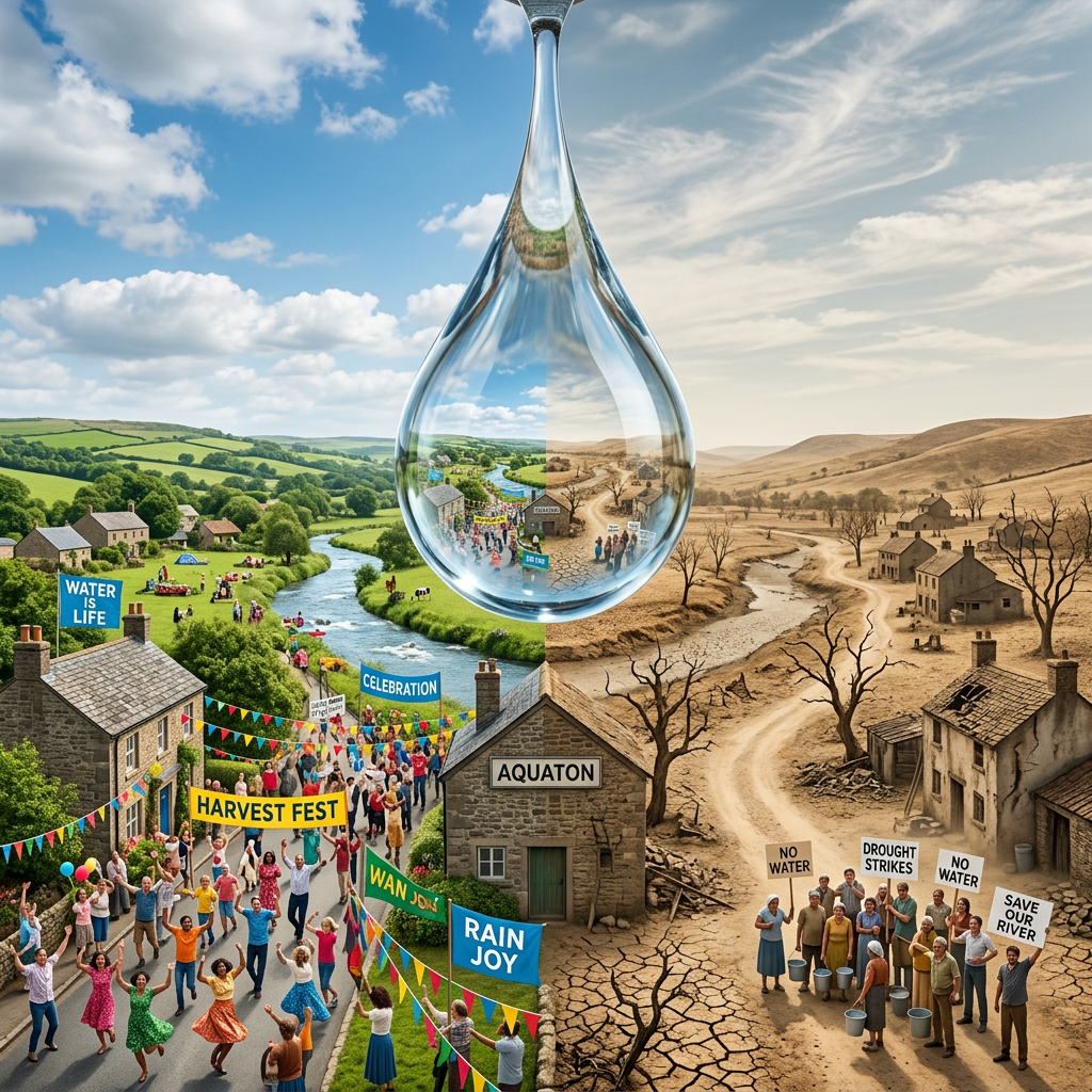 Split scene showing a lively water celebration on one side and drought-affected dry land with protests on the other